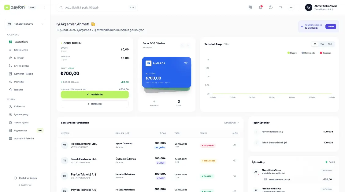 Payfoni Online Tahsilat Platformu Paneli ve Kullanıcı Ekranı